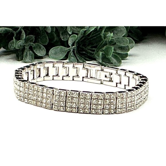 Vintage Style Silver Tone Crystal Four Row Bracelet Fashion Jewelry - Picture 1 of 5